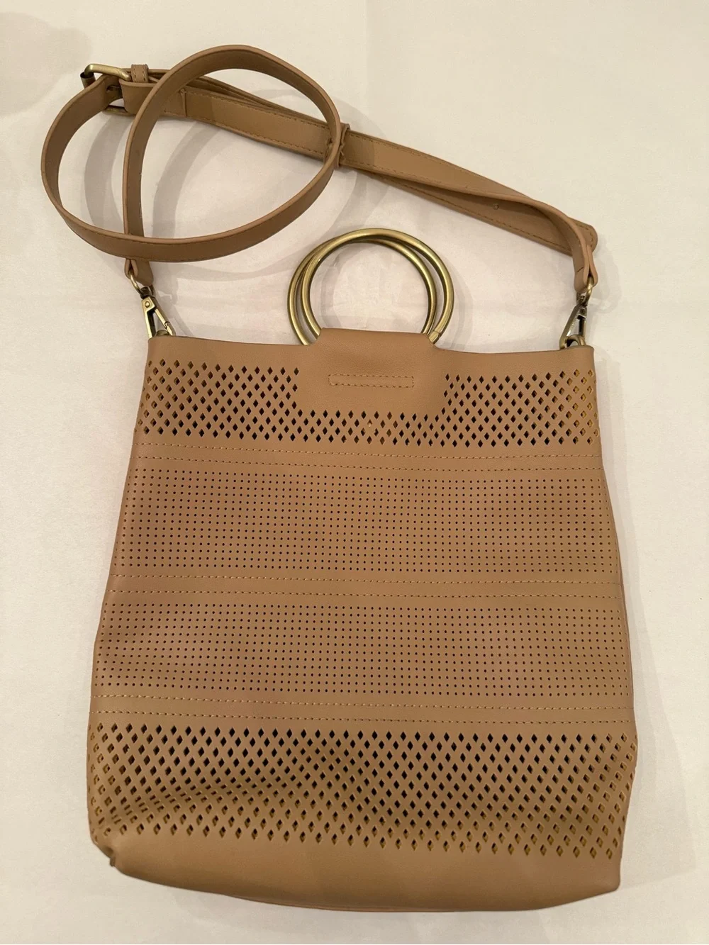 Anthropologie Boho Chic Tan Perforated Ring Handle Crossbody Vegan leather Fall